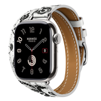 Apple Watch Hermès Series 11 42mm Titanium Case with Double Tour Attelage Animaux Bandana Blanc