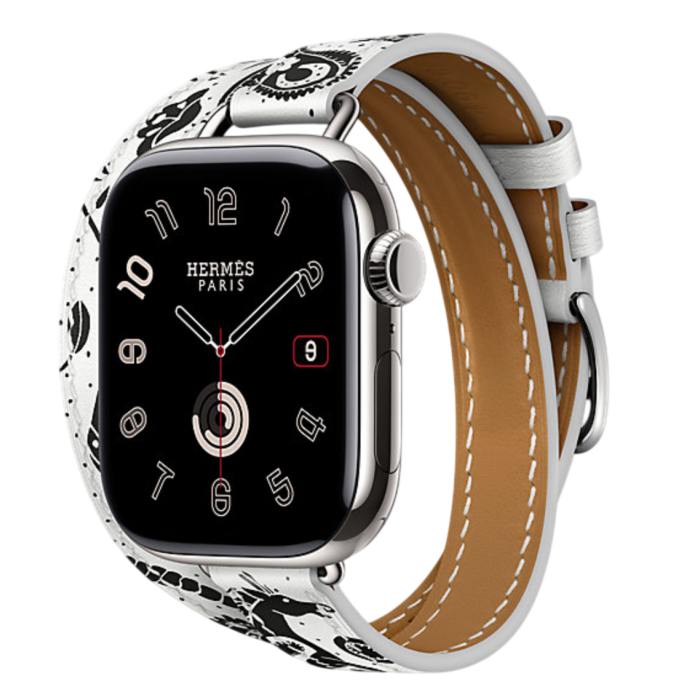 Apple Watch Hermès Series 11 42mm Titanium Case with Double Tour Attelage Animaux Bandana Blanc Apple Watch Hermès Series 11 42mm Titanium Case with Double Tour Attelage Animaux Bandana Blanc