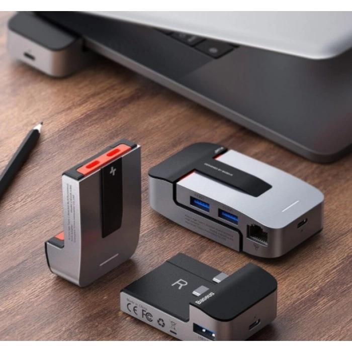 Купить Адаптер Baseus HUB Armor Age Type-C Bracket Multifunctional (CAHUB-AJ0G) USB3.0x3, HDMI, RJ45, Type-Cx3, 3.5 в магазине stiltv.ru по низкой цене, фото номер 2