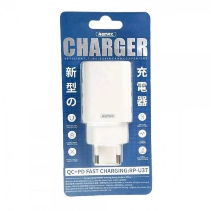 Купить Сетевое зарядное устройство Remax RP-U37 QC3.0+PD с USB-A и USB-C портами в магазине stiltv.ru по низкой цене, фото номер 1